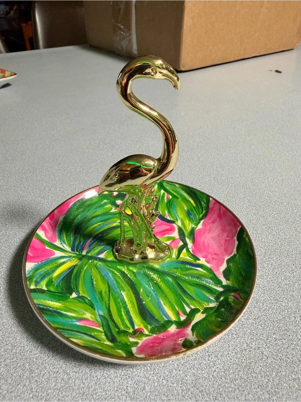 Lilly Pulitzer Gold Flamingo Jewelry Ring Dish with Tropical Pink & Green Print